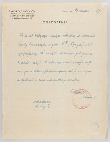 ML/MART/285 - Ogłoszenie Samorządu Uczniowskiego II Państwowego Liceum i Gimnazjum  im. Hetmana Jana Zamoyskiego w Lublinie informujące o mającym się odbyć zebraniu Rady Samorządu w dniu 20 marca 1939 r., pismo jednostronne, pismo od lewej do prawej