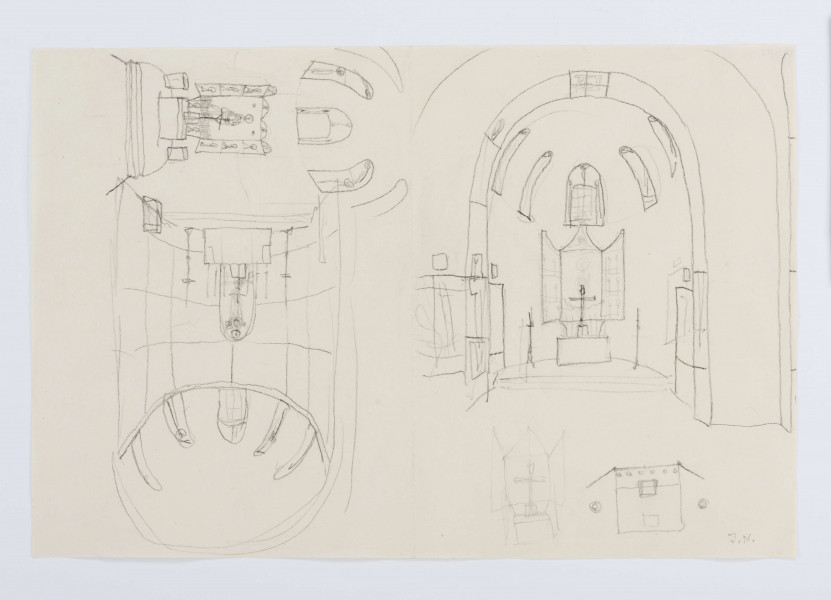 Projekt niezrealizowanej polichromii do kościoła akademickiego KUL. Szkic wystroju prezbiterium przedstawiający trzy projekty ołtarza. Ołtarze z rozbudowymi nastawami ołtarzowymi, o  prostokątnym korpusie, z parą zamykanych skrzydeł i zróżnicowanymi zwieńczeniami (ołtarz w lewej górnej oraz prawej części przedstawienia) Mensa ołtarzowa z krzyżem i parą ustawionych po bokach lichtarzy. Okna prezbiterium zamknięte półkoliście. 

