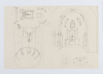 Projekt niezrealizowanej polichromii do kościoła akademickiego KUL. Szkic wystroju prezbiterium przedstawiający trzy projekty ołtarza. Ołtarze z rozbudowymi nastawami ołtarzowymi, o  prostokątnym korpusie, z parą zamykanych skrzydeł i zróżnicowanymi zwieńczeniami (ołtarz w lewej górnej oraz prawej części przedstawienia) Mensa ołtarzowa z krzyżem i parą ustawionych po bokach lichtarzy. Okna prezbiterium zamknięte półkoliście. 

