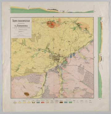 ML/H/1831 ML/H/1831 - Mapa kolorowa w formie kwadratu otoczona cienka, czarną ramką. Tytuł mapy w białym kwadratowym polu, legenda pod mapą w postaci kolorowych, prostokątnych kafelków z objaśnieniami. W polu górnego oraz prawego marginesu dwa przekroje pionowe przez tern miasta i okolic.