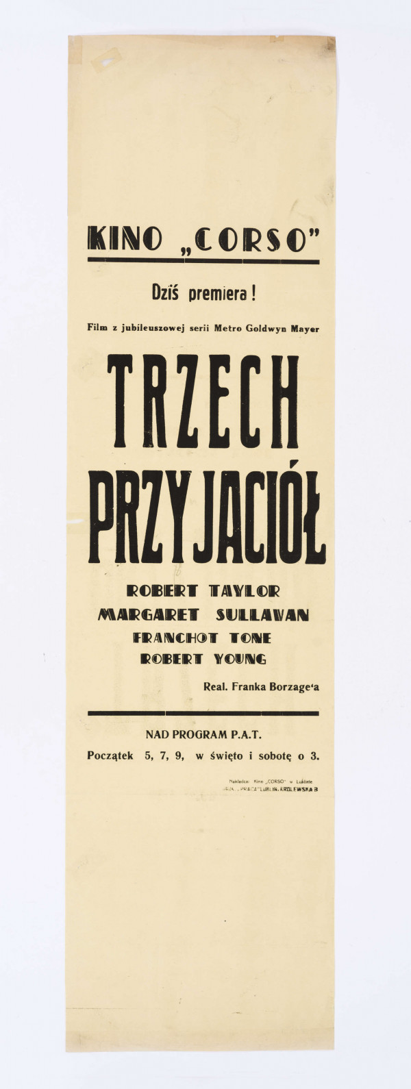 Na żółtym papierze w podłużnym, pionowym formacie druk zróżnicowanej wielkości czcionką. Afisz premiery filmu produkcji USA pt. 