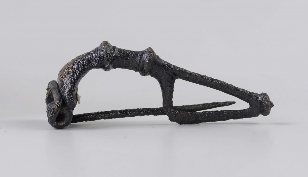 Fibula z brązu o ośmiozwojowej sprężynie i górnej cięciwie. Główka rozszerzająca się ku sprężynie, z dwoma grzebykami na kabłąku i trzecim na końcu nóżki. Typ Almgren 65 ?