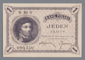N/Bn/1276/ML - Aw. Ramka z rozetek, w rogach elipsy z ozdobnym oznaczeniem wartości: 1. W ozdobnym tondzie z lewej portret Tadeusza Kościuszki. Z lewej od góry napis: BANK POLSKI / JEDEN / ZŁOTY / WARSZAWA dn. 28 Lutego 1919 roku / DYREKCJA BANKU POLSKIEGO
Pierwszy człon napisu zakomponowany w łuku w ozdobnej ramce.
Podpisy: Stanisław Karpiński, Zygmunt Chamiec
U góry z lewej: S. 20 D; u dołu: 090,350

Rw. Ramka z rozetek rozdzielona w rogach ozdobnymi elipsami z oznaczeniem wartości: 1. W polu z lewej godło państwa polskiego; z prawej: 1 / ZŁOTY
Niżej sankcja: Podrabianie biletów i współdziałanie / w ich rozpowszechnianiu karane jest / ciężkim więzieniem
Wyżej formuła: NA MOCY UCHWAŁY SEJMOWEJ / BILETY BANKU POSLKIEGO / SĄ PRAWNYM ŚRODKIEM PŁATNICZYM / W POLSCE