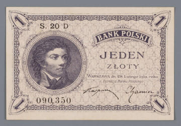 N/Bn/1276/ML - Aw. Ramka z rozetek, w rogach elipsy z ozdobnym oznaczeniem wartości: 1. W ozdobnym tondzie z lewej portret Tadeusza Kościuszki. Z lewej od góry napis: BANK POLSKI / JEDEN / ZŁOTY / WARSZAWA dn. 28 Lutego 1919 roku / DYREKCJA BANKU POLSKIEGO
Pierwszy człon napisu zakomponowany w łuku w ozdobnej ramce.
Podpisy: Stanisław Karpiński, Zygmunt Chamiec
U góry z lewej: S. 20 D; u dołu: 090,350

Rw. Ramka z rozetek rozdzielona w rogach ozdobnymi elipsami z oznaczeniem wartości: 1. W polu z lewej godło państwa polskiego; z prawej: 1 / ZŁOTY
Niżej sankcja: Podrabianie biletów i współdziałanie / w ich rozpowszechnianiu karane jest / ciężkim więzieniem
Wyżej formuła: NA MOCY UCHWAŁY SEJMOWEJ / BILETY BANKU POSLKIEGO / SĄ PRAWNYM ŚRODKIEM PŁATNICZYM / W POLSCE