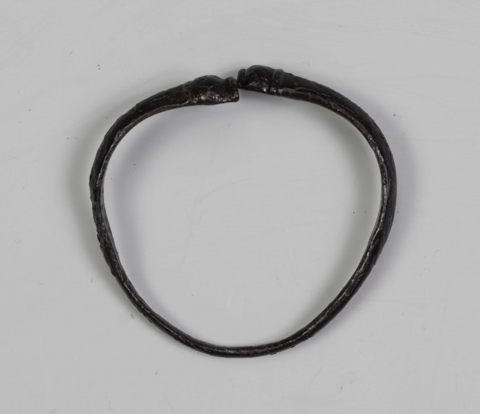 824/A/ML/1 - Żelazna bransoleta ze stylizowanymi wężowymi główkami. W części środkowej przekrój trapezowaty, przy główkach trójkątny.