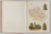 ML/H/650 - Okładka twarda, obklejona czerwonym płótnem, z wytłoczonym na złoto tytułem i ozdobami. Po lewej stronie popiersie kobiety bokiem, z wyciągniętą ręką trzymającą pędzel, poniżej kwiaty. W lewej części autor i tytuł, poniżej ozdobnik roślinny. Strona tytułowa przedstawia dwóch mężczyzn pochylonych nad mapą, w tle pejzaż wiejski z zamkiem na wzgórzu. Tytuł atlasu w wydzielonym, prostokątnym polu. Następna strona zawiera skorowidz i obiaśnienie znaków. Pierwsza z map to Mapa Ogólna Królestwa Polskiego z podziałem na gubernie i powiaty, następne to mapy powiatów. Na każdej stronie z mapą znajduja sie barwne grafiki z przedstawieniem zabytkowych budowli, typów ludowych, ruin, pejzaży. Do Atlasu dołączona luzem Mapa Guberni Lubelskiej, granice powiatu i wypełnienie błekitne.