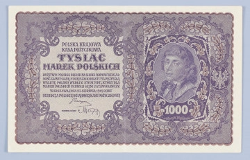 N/Bn/702/ML Aw. W falistej ramce ornamentyka w stylu secesji wiedeńskiej. Od lewej w tablicy: POLSKA KRAJOWA / KASA POŻYCZKOWA / TYSIĄC MAREK POLSKICH
Niżej czterowierszowa klauzula o gwarancjach państwa wymiany niniejszego biletu na przyszłą walutę polską
WARSZAWA. DNIA 23. SIERPNIA 1919 ROKU /DYREKCJA POLSKIEJ KRAJOWEJ KASY POŻYCZKOWEJ
Józef Zarzycki (podpis)
Niżej: SKARBNIK GŁÓWNY: Marian Karpus (podpis)
Z prawej kartusz z portretem Tadeusza Kościuszki / 1000
Rw. Ornamentyka jak na awersie. Od góry, centralnie w tondzie u zdobnej tarczy godło państwowe otoczone dookolnym napisem: * POLSKA KRAJOWA * ) ( KASA POŻYCZKOWA
Niżej pięciowierszowa sankcja karna przewidziana za podrabianie, fałszowanie i puszczanie w obieg podrobionych lub fałszowanych biletów PKKP.
Czerwoną farbą od lewej oznaczenie serii i numeru: II Serja BB – No 108,566