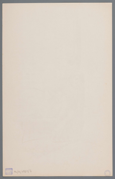 ML/H/1561/7 - Młody mężczyzna siedzi przygarbiony na ławce, oparty o mur. Ubrany w ciemny płaszcz z postawionym kołnierzem i spodnie. Pod pachą skrzypce i smyczek, prawą dłoń opiera o ławkę. Nogi skrzyżowane. Wyraz twarzy smutny, postawa pełna rezygnacji i przygnębienia. Ławka prosta, umiejscowiona w rogu muru, na ławce leżący niewielki przedmiot, może czapka. Nad głową mężczyzny rynna. Na murze lekko zarysowane cegły. Na pierwszym planie bruk, poniżej podpis: bez jutra.