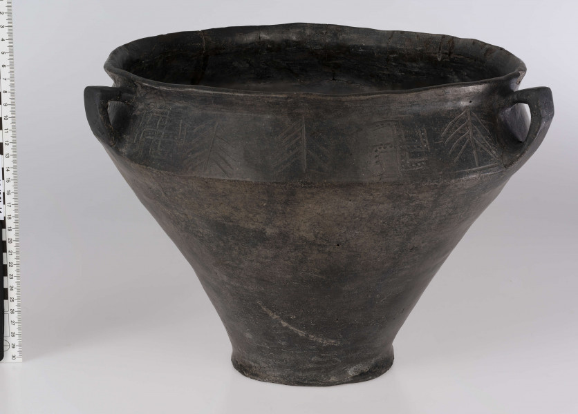 765/A/ML/1 - Waza wyraźnie profilowana, z prostym, odgietym na zewnatrz brzegiem, ostro zaznaczonym załomem brzuśca i wyodrębnionym dnem. Ponad załomem brzuśca występuje ornament w postaci: jodełek, swastyk, tworzonych przez dwie linie ryte i rząd dołków pomiędzy nimi oraz ornament blankowy. Naczynie ma trzy taśmowate ucha kolankowato zgięte. 
