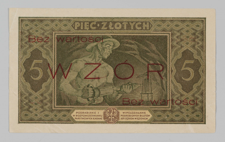N/Bn/1637/ML - Aw. W ramce z motywami roślinnymi centralnie ośmiobok z głową młodzieńca, ozdobioną roślinnością. Po bokach oznaczenie nominału: 5. U góry: BILET PAŃSTWOWY; u dołu: PIĘĆ ZŁOTYCH. Po bokach: Minister Skarbu – Dyrektor / Departamentu / Obrotu Pieniężnego
Poniżej podpisy, odpowiednio: Gabriel Czechowicz – Leon Barański
U dołu od lewej czerwonym kolorem seria i numeracja: Ser.B. – 0245678
Dwukrotnie powtórzony nadruk w kolorze czerwonym: Bez wartości; a centralnie poziomo: WZÓR

Rw. W ramce z motywami liniowymi i figurami geometrycznymi od góry: PIĘĆ  ZŁOTYCH
Centralnie w ramce grafika z górnikiem w kopalni. Po bokach w rozetkach oznaczenie nominału: 5
U dołu w banderoli formuła przedzielona godłem państwowym:
PODRABIANIE I – WSPÓŁDZIAŁANIE / W ROZPOWSZECHNIANIU / PODROBIONYCH BILETÓW / PAŃSTWOWYCH KARANE – JEST CIĘŻKIM WIĘZIENIEM
Dwukrotnie powtórzony nadruk w kolorze czerwonym: Bez wartości; a centralnie poziomo: WZÓR