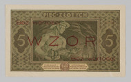N/Bn/1637/ML - Aw. W ramce z motywami roślinnymi centralnie ośmiobok z głową młodzieńca, ozdobioną roślinnością. Po bokach oznaczenie nominału: 5. U góry: BILET PAŃSTWOWY; u dołu: PIĘĆ ZŁOTYCH. Po bokach: Minister Skarbu – Dyrektor / Departamentu / Obrotu Pieniężnego
Poniżej podpisy, odpowiednio: Gabriel Czechowicz – Leon Barański
U dołu od lewej czerwonym kolorem seria i numeracja: Ser.B. – 0245678
Dwukrotnie powtórzony nadruk w kolorze czerwonym: Bez wartości; a centralnie poziomo: WZÓR

Rw. W ramce z motywami liniowymi i figurami geometrycznymi od góry: PIĘĆ  ZŁOTYCH
Centralnie w ramce grafika z górnikiem w kopalni. Po bokach w rozetkach oznaczenie nominału: 5
U dołu w banderoli formuła przedzielona godłem państwowym:
PODRABIANIE I – WSPÓŁDZIAŁANIE / W ROZPOWSZECHNIANIU / PODROBIONYCH BILETÓW / PAŃSTWOWYCH KARANE – JEST CIĘŻKIM WIĘZIENIEM
Dwukrotnie powtórzony nadruk w kolorze czerwonym: Bez wartości; a centralnie poziomo: WZÓR