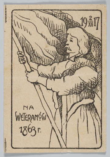 ML/H/81 - Cegiełka zbiórki pieniężnej na rzecz Weteranów 1863 r. wydana z okazji 54. rocznicy wybuchu powstania styczniowego. Na awersie postać powstańca ze sztandarem. Rysunek mężczyzny z profilu, z wąsami, w półdługich włosach, trzymającego w dłoniach drzewce sztandaru. Ujęcie sylwetki 3/4. W l. g. oraz p.d. rogach napisy i daty. Kompozycja w prostokątnej prostej ramce o zaokrąglonych krawędziach. Nadruk w kolorze czarnym na ciemnobeżowym papierze.