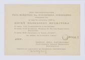Rękopis Józefa Czechowicza, tekst zapisany czarnym ołówkiem na odwrocie kartonika (wym. 10 x 15 cm), na którym po stronie recto znajduje się drukowany formularz zaproszenia na 