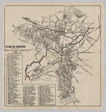 ML/H/887 - Plan jednobarwny, tytuł w polu mapy. Legenda w lewej części mapy, w trzech kolumnach, otoczona ramką, zawiera spis obiektów: 1. Wieża Ciśnień (nowa), Szkoła Policyjna, 3. Dom Starców i kalek, (...) 85. Pływalnia, 86. Kościół Serca Jezusowego. Rzeki zaznaczono grubą, czarna linią. U dołu z lewej strony naklejka na folii z podpisem.
Skala 1:10000.