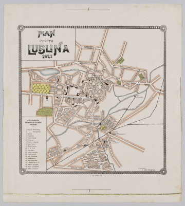 ML/H/1578 - Plan przedstawia miasto ograniczone ulicami - Obywatelską, Wyścigową, Betonową, Wapienną, Cmentarną, Alejami Racławickimi, Aleją Długosza, Snopkowską, Północną do Obywatelskiej. Na planie wyszczególniono, oznaczając numerami, budynki użyteczności publicznej oraz zakłady przemysłowe: 1. Kościół Katedralny, 2. Kościół Ewangelicki, 3. Zamek, (…) 20. Hotel „Victoria”. Ulice w kolorze czarnym, tereny wzdłuż ulic zaznaczone na jasny brąz, cmentarze i parki na zielono, rzeki na błękitno. U dołu z lewej strony naklejka na folii z podpisem. Plan opracował A. Krzyżewski.
Tytuł mapy w lewym górnym rogu, legenda w lewym dolnym rogu. Plan otoczony czarną, ażurową ramką z motywem kół w narożnikach. Oprawiony w drewnianą ramę i białe passe - partout, za szkłem.