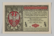 N/Bn/123/ML - Aw. Z lewej w czerwonym bogato zdobionym kartuszu Orzeł polski. Z prawej u góry: PÓŁ MARKI POLSKIEJ. Niżej 4-wierszowy tekst: 
Rzesza Niemiecka przyjmuje odpo- / wiedzialność za spłatę biletów Polskiej / Krajowej Kasy Pozyczkowej w Markach / Niemieckich po cenie nominalnej.
Niżej:
Zarząd Generał-Gubernatorstwa / Warszawskiego / Warszawa, dn. 9-go grudnia 1916 r. Faksymilowane podpisy: von Kries, Überschaer, von Conrad 
Niżej graficne przedstawienie pieczęci Zarządu Generał-Gubernatorstwa Warszawskiego na wstędze z oznaczeniem nominału  - w kolorze czerwonym - rozdziela datę 19 – 17. Po bokach 1/2 – 1/2. U doołu sankcja 3-wierszowa sankcja karna.

Rw. Z lewej i prawej medaliony z żeńskimi głowami. Napis, u góry:
BILET POLSKIEJ KRAJOWEJ / KASY POŻYCZKOWEJ
u dołu:
PÓŁ MARKI POLSKIEJ
Pośrodku oznaczenie nominału: 1/2
Seria i numer: B.6309568


