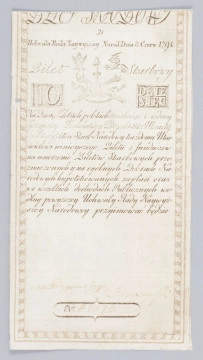 Aw. U góry widoczna część napisu pisanką: BILET SKARBOWY; niżej numer serii : D i napis: 
Uchwała Rady Najwyższej Narod. Dnia 8 Czerw.1794
Niżej, centralnie na osi symbole wolności: czapka frygijska, uzbrojenie sankiulotów, baszty murów więziennych, łańcuchy absolutyzmu, gromy ludu i skrzydła wolności. Wyżej z lewej Orzeł, a  z prawej strony Pogoń. Po bokach napis: Bilet – Skarbowy, a niżej w podwójnej prostokątnej ramce na ciemnym kreskowanym tle wartość nominału: 10 – DZIE/SIĘĆ
Pod spodem tekst uchwały:
Na Dziesięć Złotych polskich/: rachując z iedney / Grzywny Kolońskiej Złłch polch 84 1/2 Monety / Srebrnej:/ które Skarb Narodowy każdemu Uka= / zicielowi ninieyszego Biletu z funduszow / na umorzenie Biletów Skarbowych prze= / znaczonych y na ogólnych Dobrach Na= / rodowych hypotekowanych zapłaci oraz / we wszelkich dochodach Publicznych we= / dług powyższey Uchwały Rady Naywyż= / szey Narodowey przyimować będzie
Pod tekstem uchwały znaki zabezpieczające, pośrodku centralnie obłamany stempel suchej pieczęci Dyrekcji Biletów Skarbowych z poziomą inskrypcją: WOLNOŚĆ / CAŁOŚĆ / NIEPODLE / GŁOŚĆ i napisem otokowym: * PIECZĘĆ DYREKCYI BILETÓ[W]. Na Bilecie Skarbowym pieczęć nieczytelna. Po bokach litery B – S, wybarwiane chemicznie. Niżej odręczne podpisy komisarzy wybranych spośród mieszczan warszawskich: M.(Michał) Pagowski; T.(Tomasz) Staniszewski i numer w owalnej ramce: Nro 45276

Rw. Czysty bez nadruków. U dołu naniesiony wtórnie w latach 60. numer księgi ewidencyjnej.