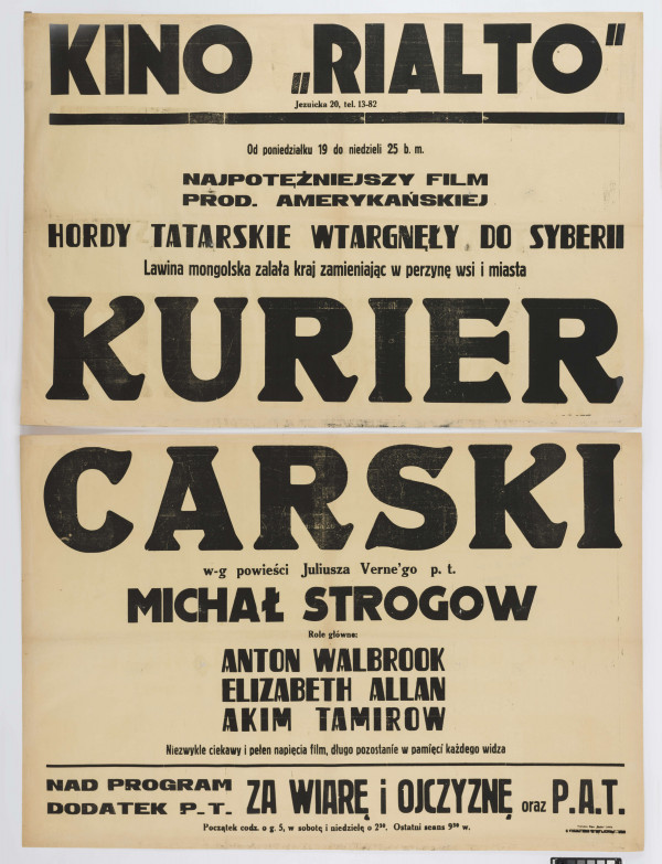 Afisz kinowy w dwóch częściach: górna z napisami Kino 