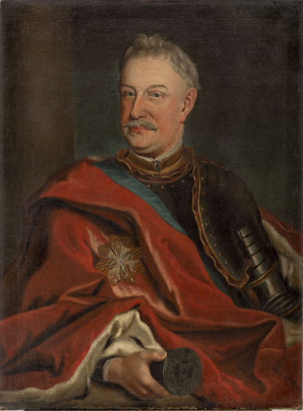 Na błękitnym, złamanym beżem, gładkim tle, z fragmentem kolumny po lewej stronie - przedstawiony wizerunek mężczyzny w starszym wieku, w typie sarmackim. Postać ukazana w ujęciu do pasa, ujęta w zwrocie 3/4 prawą stroną do widza, z głową lekko zwróconą w lewo. W prawej ręce, wspartej na widocznym we fragmencie stole, trzyma pieczęć kanclerską, odwróconą stemplem do widza. Portretowany - w zbroi typu zachodnioeuropejskiego, nałożonej a złocisty żupan, z zarzuconym na prawe ramię, czerwonym aksamitnym płaszczem, podbitym gronostajami. Na płaszczu, po prawej stronie haftowana Gwiazda Orderu Orła Białego. Pod nim widoczna jest również błękitna wstęga tegoż orderu. Pod szyją stojacy kołnierzyk białej koszuli spięty zapinką. Twarz idealizowana, pociągła, rumiana, długi nos, podkręcone wąsy i siwe podgolone włosy. 