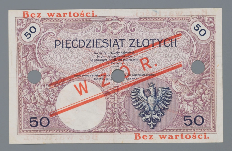 N/Bn/1626/ML - Aw. W prostej ramce tło z motywami roślinno-geometrycznymi. Centralnie od góry w łuku: BANK POLSKI / PIĘDZIESIĄT ZŁOTYCH; niżej poziomo: WARSZAWA dn. 28 Lutego 1919 roku. / Dyrekcja Banku Polskiego. 
Podpisy: Zygmunt Chamiec, Stanisław Karpiński. Niżej dwa ozdobne tonda; z lewej z wizerunkiem Tadeusza Kościuszki, z prawej znak wodny z podobizną wodza z profilu oraz ręcznie odbitym kolejnym numerem wzoru: 3423. W owalnych kartuszach w rogach oznaczenie nominału: 50, a w ramkach zdublowana numeracja: 026123 – A.42 / A.42 – 026123

Rw. W prostej ramce tło z motywów arabeski, symboliki rolnictwa i handlu. W rogach oznaczenie nominału: 50. Centralnie od góry poziomo napis: PIĘĆDZIESIĄT ZŁOTYCH 
Niżej mniejszą czcionką: Na mocy uchwały sejmowej / bilety Banku Polskiego / są prawnym środkiem płatniczym / w Polsce
Niżej sankcja karna: PODRABIANIE BILTÓW I WSPÓŁ[ZIAŁANIE W] ICH ROZPOWSZECHNIANIU / KARANE JEST [CIĘŻKIM W]IĘZIENIEM
U dołu dwa tonda; w lewym znak wodny z wizerunkiem Tadeusza Kościuszki z profilu, w prawym godło państwa polskiego.
Dwustronne napisy w kolorze czerwonym: u góry z lewej i u dołu z prawej strony: Bez wartości oraz skośnie pomiędzy dwiema równoległymi podwójnymi liniami: WZÓR. Banknot perforowany trzema dziurkami o średnicy około 10 mm.