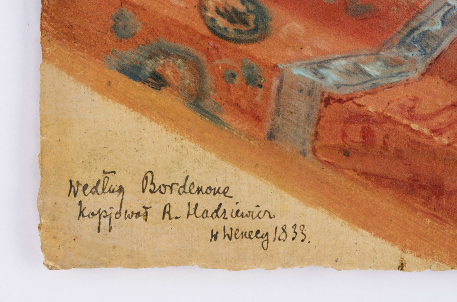 Scena figuralna we wnętrzu skomponowana po przekątnej od lewego górnego do prawego dolnego rogu. Grupa sześciu mężczyzn - pięciu siedzi na ławie, jeden stoi przed nimi na pierwszym planie - ubranych w barwne, zdobione szaty, prowadzi rozmowę. Siedzą na rzeźbionej ławie wyłożonej kobiercem, ustawionej na dwóch schodkach.
