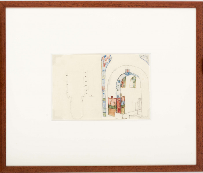 Projekt niezrealizowanej polichromii do kościoła akademickiego KUL. Rzut kościoła, wystrój prezbiterium i ściany tęczowej. W w niższych partiach nawy i filarów oraz prezbiterium geometryczne pola ze scenami Drogi Krzyżowej. Na ścianie tęczowej uproszczone wizerunki świętych, w zwieńczeniu ściany tęczowej abstrakcyjne dekoracje w formie geometrycznych pól. W głębi, po prawej fragment ołtarza, po lewej rzut światyni z oznaczonymi numerycznie stacjami Drogi Krzyżowej.