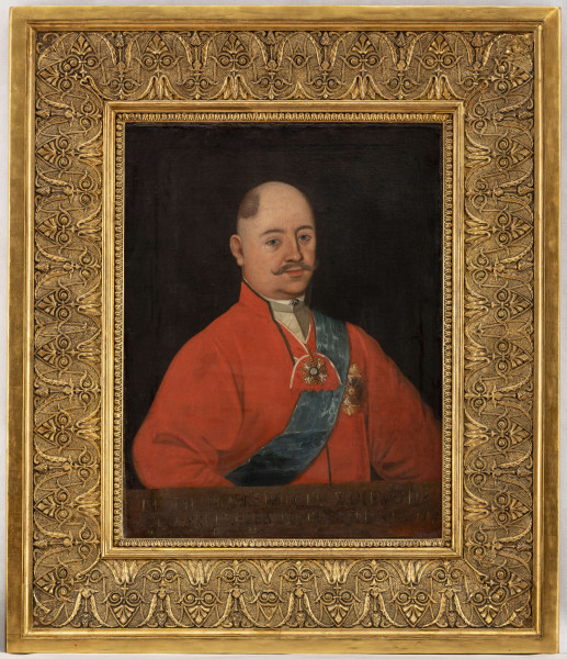 Portret mężczyzny w średnim wieku, w ujęciu do pasa, zwrócony 3/4 w lewo. Ubrany w jasnoczerwony żupan i białą koszulę, zapiętą pod szyją ozdobnym guzem. Na piersi przez lewe ramię do prawego boku błękitna wstęga z gwiazdą Orderu Orła Białego, na szyi na biało-czerwonej wstędze - Konkordia Orderu św. Stanisława. Twarz pulchna o różowej karnacji, zaznaczony mały podbródek. Po bokach czoła nikłe włosy na łysiejącej głowie, duży nos, niebieskie oczy pod prostymi brwiami, podkręcone wąsy. Tło obrazu ciemne o oliwkowym odcieniu zieleni.