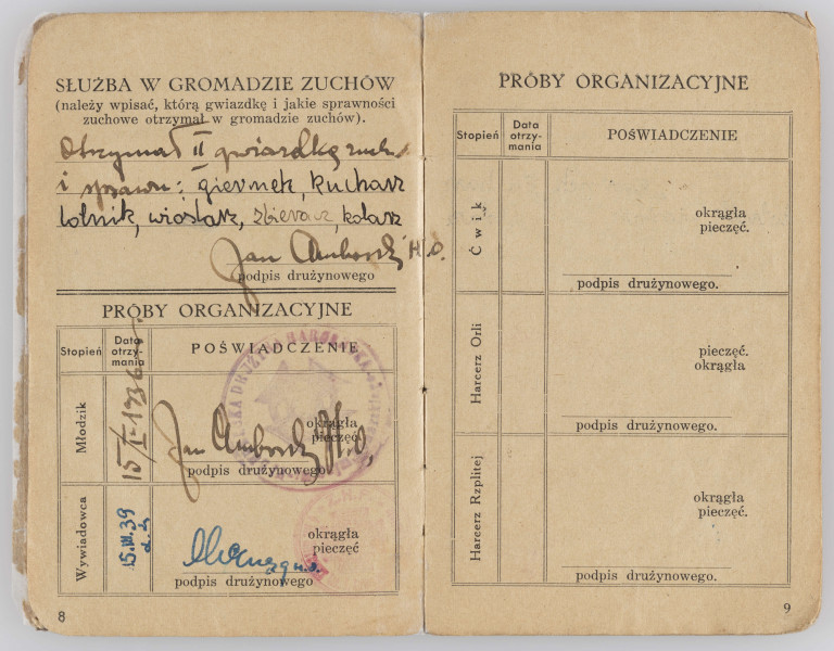 ML/MART/508 - Książeczka służbowa Związku Harcerstwa Polskiego z odnotowanymi sprawnościami i historią służby harcerza Stefana Władysława Maksymowicza, do ksiązeczki wklejona czarno-biała fotografia. Kksiążeczka ma 22 ponumerowane strony.