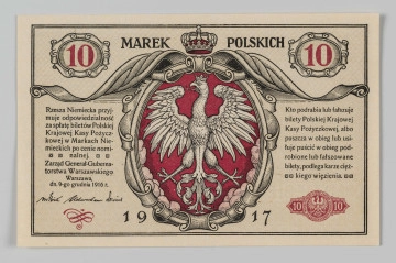 N/Bn/127/ML - Aw. W polu centralnym, w czerwonym bogato zdobionym kartuszu Orzeł polski. U góry w kartuszach, z prawej i lewej oznaczenia nominału, pomiędzy którymi rozdzielony przez koronę napis: MAREK  – POLSKICH
Niżej z lewej, obok wizerunku Orła napis: 
Rzesza Niemiecka przyj- / muje odpowiedzialność/ za spłatę biletów Polskiej / Krajowej Kasy Pożycz- / kowej w Markach Nie- / mieckich po cenie nomi- /nalnej. / Zarząd Generał-Guberna- / torstwa Warszawskiego / Warszawa, / dn. 9-go grudnia 1916 r. 
Faksymilowane podpisy: von Kries, Überschaer, von Conrad 
Z prawej, obok wizerunku Orła napis:
Kto podrabia lub fałszuje / bilety Polskiej Krajowej / Kasy Pożyczkowej, albo / puszcza w obieg lub usi- / łuje puścić w obieg pod- / robione lub fałszowane / bilety, podlega karze cięż- / kiego więzienia.
Niżej, w kolorze czerwonym, graficzne przedstawienie pieczęci Zarządu Jenerał-Gubernatorstwa Warszawskiego na wstędze z oznaczeniem nominału. U dołu data rozdzielona przez kartusz: 19 – 17

Rw. Z lewej i prawej medaliony z żeńskimi głowami. Napis u góry w dwóch wierszach – pierwszy w łuku: BILET POLSKIEJ KRAJOWEJ / KASY POŻYCZKOWEJ
Niżej, na osi poziomej w ornamencie giloszowym po bokach, oznaczanie nominału. U dołu napis poziomo, rozdzielony przez oznaczenie wartości w giloszy:
DZIESIĘĆ – MAREK POLSKICH
Wyżej, z prawej i lewej strony, seria i numer: A.3549973
