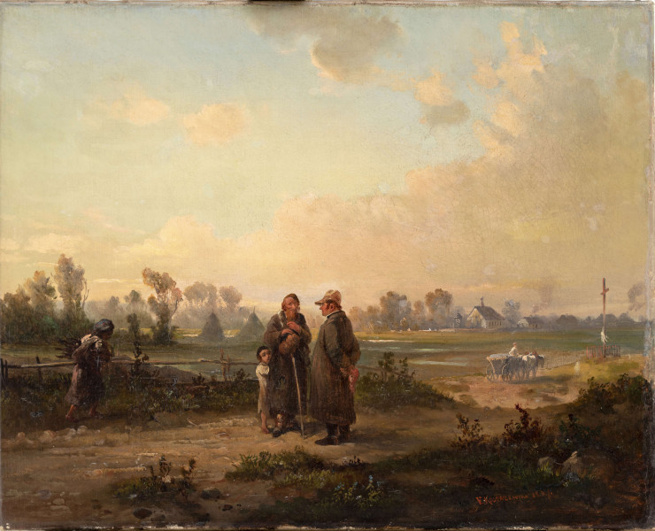 Na pierwszym planie trzyosobowa grupa rozmawiających: mężczyzna w sutannie z założonymi do tyłu rękami oraz w kapeluszu na głowie, obok mężczyzna w jarmułce na głowie z zawiniątkiem i kijem w ręku. Po prawej stronie mężczyzny przytulone do niego dziecko. Z prawej strony obrazu załadowany wóz dojeżdżający do przydrożnego krzyża. Z lewej strony kobieta niosąca chrust na ramionach. W głębi obrazu chaty i drzewa. 