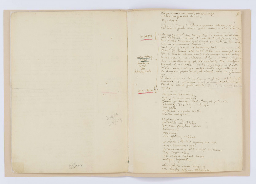 Rękopis tekstu Józefa Czechowicza. Składa się z siedmiu kart papieru czerpanego ze znakiem wodnym „Papier á Lettres Mirkow” (tzw. „mirkowskiego”) o wymiarze 30 x 21,5 cm ze stroną tytułową. Rękopis zapisany jest piórem, natomiast tytuł, rok powstania „1934” oraz podpis Czechowicza w postaci charakterystycznych inicjałów „JC” na karcie tytułowej – czerwoną kredką. Paginacja nie obejmuje pierwszej karty (w prawym górnym rogu widoczna jest tylko napisana ołówkiem cyfra „I”). Brakuje numeru strony na drugiej karcie, na której zaczyna się właściwy tekst. Na trzeciej karcie w prawym górnym rogu piórem (najprawdopodobniej ręką Czechowicza) napisana jest cyfra „2”; numery pozostałych stron, również w prawych górnych rogach, napisane są ołówkiem innym charakterem pisma. Na ostatniej karcie ukośnie, pod tekstem kończącego utwór fragmentu prozatorskiego, znajduje się drugi dłuższy podpis Czechowicza napisany piórem (Józef Czech.). Rękopis został poddany konserwacji, podklejono naddarte rogi oraz zgięcia w połowie kart. Wszystkie karty są obecnie połączone w jedną całość. Tekst zapisany jest z dużym marginesem z lewej strony, gdzie Czechowicz umieścił wskazówki (podkreślone czerwoną lub zieloną kredką) dotyczące realizacji 