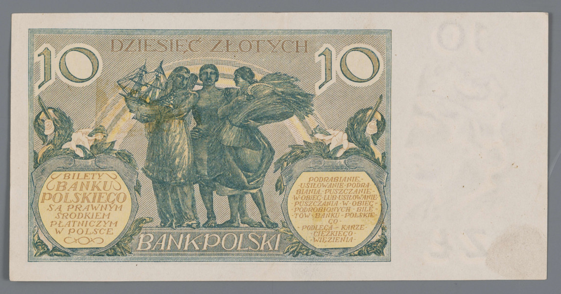 N/Bn/459/ML - Aw. W lewym marginesie znak wodny z popiersiem Bolesława Chrobrego i nominałem 10 / ZŁ. W prostej ramce, z lewej i prawej strony, postacie kobiet symbolizujące naukę i sztukę. Centralnie w owalu: 10 / DZIESIĘĆ ZŁOTYCH / BANK POLSKI / WARSZAWA – Dnia 20 Lipca 1929 Roku / PREZES BANKU
Podpis: Władysław Wróblewski; niżej: NACZELNY / DYREKTOR – SKARBNIK
Podpisy: Władysław Mieczkowskie, Stanisław Orczykowski
Niżej wstęga z motywami akantu, pod nią godło państwowe. W dolnej części ramki Seria i numer: Ser. FL. – 2636872

Rw. W prawym marginesie znak wodny: Bolesław Chrobry i lustrzane odbicie nominału - 10/ZŁ. W prostej ramce, centralnie, trzy postacie kobiece symbolizujące przemysł stoczniowy, przemysł ogólny i rolnictwo. U góry w rogach oznaczenie nominału: 10 – 10; rozdzielone napisem: DZIESIĘĆ ZŁOTYCH. U dołu, po bokach, kartusze z liśćmi akantu z tekstami; w lewym: BILETY / BANKU / POLSKIEGO / SĄ PRAWNYM / ŚRODKIEM / PŁATNICZYM / W POLSCE; w prawym: PODRABIANIE, - / - USIŁOWANIE - PODRA - / BIANIA, - PUSZCZANIE - / - W - OBIEG - LUB - USIŁOWANIE - / - PUSZCZANIA - W - OBIEG - / - PODROBIONYCH - BILE - / - TÓW - BANKU - POLSKIE - / GO - / -PODLEGA - KARZE - / - CIĘŻKIEGO - / - WIĘZIENIA
