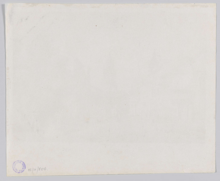 ML/H/806 - Widok na ulicę Krakowskie Przedmieście ukazaną w perspektywie, po obu stronach zabudowania, w tle fragment kościoła Świętego Ducha, wieża Nowego Ratusza i Wieża Trynitarska. Na ulicy małe sylwetki przechodniów i zaprzęgi. Po prawej stronie widoczny fragment ogrodzenia klasztoru kapucynów i duże drzewo. Poniżej napisy.