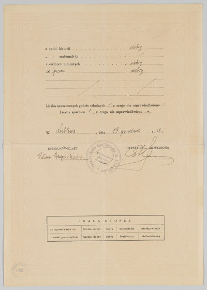 ML/MART/188 - Świadectwo szkolne Prywatnego Męskiego Gimnazjum Kupieckiego A. i J. Vetterów. Zgromaszenie Kupców w Lublinie. Nr 35, rok szkolny 1938/39 na nazwisko Siuchta Zbigniew (klasa I 