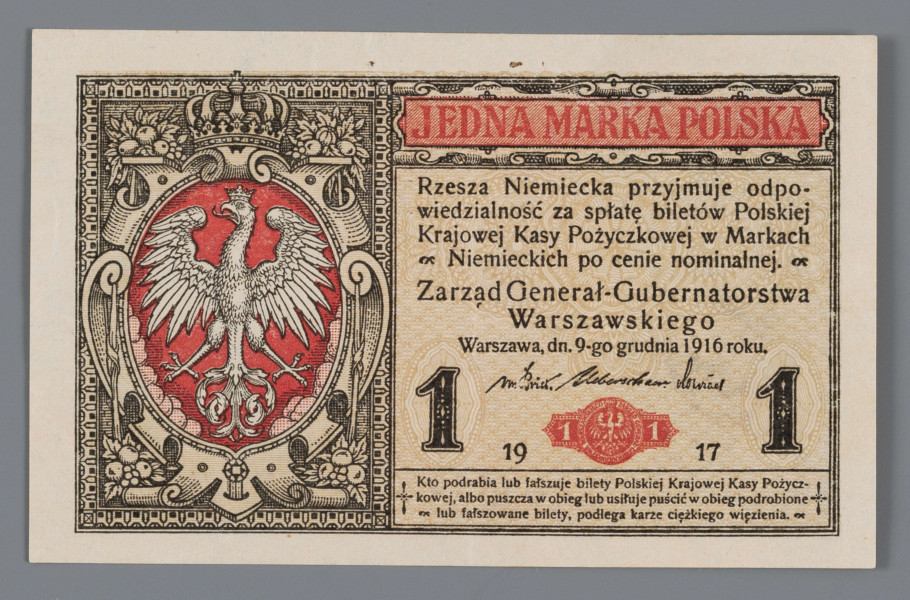 N/Bn/124/ML - Aw. Z lewej w czerwonym bogato zdobionym kartuszu Orzeł polski. Z prawej u góry: JEDNA MARKA POLSKA. Niżej 4-wierszowy tekst: 
Rzesza Niemiecka przyjmuje odpo- / wiedzialność za spłatę biletów Polskiej / Krajowej Kasy Pożyczkowej w Markach / Niemieckich po cenie nominalnej.
Niżej:
Zarząd Generał-Gubernatorstwa / Warszawskiego / Warszawa, dn. 9-go grudnia 1916 roku Faksymilowane podpisy: von Kries, Ueberschaer, von Conrad 
Niżej graficzne przedstawienie pieczęci Zarządu Generał-Gubernatorstwa Warszawskiego w kolorze czerwonym na wstędze z oznaczeniem nominału. po bokach data: 19 – 17 i nominał 1 – 1. U dołu sankcja  za fałszowanie pieniędzy, w 3 wierszach.

Rw. Z lewej i prawej medaliony z żeńskimi głowami. Napis, u góry:
BILET POLSKIEJ KRAJOWEJ / KASY POŻYCZKOWEJ
u dołu:
JEDNA MARKA POLSKA
Pośrodku oznaczenie nominału: 1
Seria i numer: B.9361689
