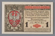 N/Bn/124/ML - Aw. Z lewej w czerwonym bogato zdobionym kartuszu Orzeł polski. Z prawej u góry: JEDNA MARKA POLSKA. Niżej 4-wierszowy tekst: 
Rzesza Niemiecka przyjmuje odpo- / wiedzialność za spłatę biletów Polskiej / Krajowej Kasy Pożyczkowej w Markach / Niemieckich po cenie nominalnej.
Niżej:
Zarząd Generał-Gubernatorstwa / Warszawskiego / Warszawa, dn. 9-go grudnia 1916 roku Faksymilowane podpisy: von Kries, Ueberschaer, von Conrad 
Niżej graficzne przedstawienie pieczęci Zarządu Generał-Gubernatorstwa Warszawskiego w kolorze czerwonym na wstędze z oznaczeniem nominału. po bokach data: 19 – 17 i nominał 1 – 1. U dołu sankcja  za fałszowanie pieniędzy, w 3 wierszach.

Rw. Z lewej i prawej medaliony z żeńskimi głowami. Napis, u góry:
BILET POLSKIEJ KRAJOWEJ / KASY POŻYCZKOWEJ
u dołu:
JEDNA MARKA POLSKA
Pośrodku oznaczenie nominału: 1
Seria i numer: B.9361689
