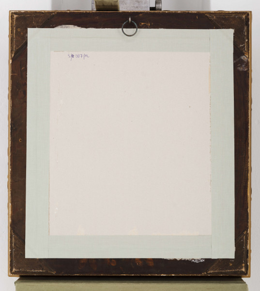 W owalu na prostokątnym tle półpostać lekko w prawo, głowa 3/4 w lewo. Prawa ręka wsparta na rękojeści szabli/pałaszu(?). Lewa ręka silnie oświetlona, założona na prawą. Ubrany w rozpięty u góry mundur z czasów kościuszkowskich; z gwiazdą Orderu Orła Białego nadanego 1787, z wiszącą przez plecy szablą na rzemieniu. W tle mur i łuna pożaru. 