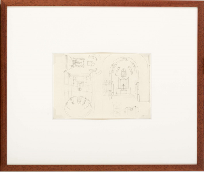 Projekt niezrealizowanej polichromii do kościoła akademickiego KUL. Szkic wystroju prezbiterium przedstawiający trzy projekty ołtarza. Ołtarze z rozbudowymi nastawami ołtarzowymi, o  prostokątnym korpusie, z parą zamykanych skrzydeł i zróżnicowanymi zwieńczeniami (ołtarz w lewej górnej oraz prawej części przedstawienia) Mensa ołtarzowa z krzyżem i parą ustawionych po bokach lichtarzy. Okna prezbiterium zamknięte półkoliście. 

