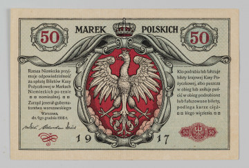 N/Bn/129/ML - Aw. W polu centralnym, w czerwonym bogato zdobionym kartuszu Orzeł polski. U góry w kartuszach, z prawej i lewej oznaczenia nominału, pomiędzy którymi rozdzielony przez koronę napis: MAREK  – POLSKICH
Niżej z lewej, obok wizerunku Orła napis: 
Rzesza Niemiecka przyj- / muje odpowiedzialność/ za spłatę biletów Polskiej / Krajowej Kasy Pożycz- / kowej w Markach Nie- / mieckich po cenie nomi- /nalnej. / Zarząd jenerał-guberna- / torstwa warszawskiego / Warszawa, / dn. 9-go grudnia 1916 r. 
Faksymilowane podpisy: von Kries, Überschaer, von Conrad 
Z prawej, obok wizerunku Orła napis:
Kto podrabia lub fałszuje / bilety  krajowej Kasy Po- / życzkowej, albo puszcza / w obieg lub usiłuje puś- / cić w obieg podrobione / lub fałszowane bilety, / podlega karze cięż- / kiego więzienia.
Niżej, w kolorze czerwonym, graficzne przedstawienie pieczęci Zarządu Jenerał-Gubernatorstwa Warszawskiego na wstędze z oznaczeniem nominału. U dołu data rozdzielona przez kartusz: 19 – 17

Rw. Z lewej i prawej medaliony z żeńskimi głowami. Napis u góry w dwóch wierszach – pierwszy w łuku: BILET POLSKIEJ KRAJOWEJ / KASY POŻYCZKOWEJ
Niżej, na osi poziomej w ornamencie giloszowym po bokach, oznaczanie nominału. U dołu napis poziomo, rozdzielony przez oznaczenie wartości w giloszy:
DZIESIĘĆ – MAREK POLSKICH
Wyżej seria i numer: A.1627903