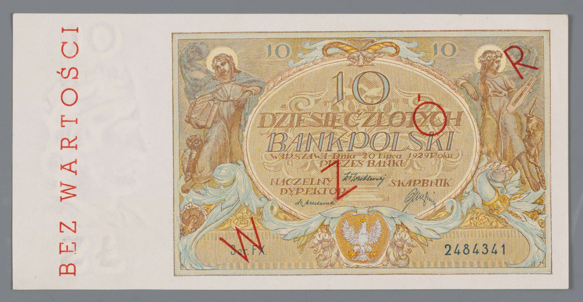N/Bn/834/ML - Aw. W prostej ramce postacie kobiet symbolizujące Wiedzę i Sztukę, centralnie w owalu:
10 / DZIESIĘĆ ZŁOTYCH / BANK POLSKI / WARSZAWA - Dnia 20 lipca 1929 Roku / PREZES BANKU / NACZELNY DYREKTOR – SKARBNIK
Podpisy odpowiednio: Władysława Wróblewskiego, Władysława Mieczkowskiego i Stanisława Orczykowskiego. Niżej wstęga z motywami akantu, pod nią godło państwowe. W dolnej części ramki od lewej: SER.FX – 2484341. Skośnie do góry w prawo czerwony nadruk: WZÓR. Na marginesie z lewej znak wodny z popiersiem Bolesława Chrobrego, pionowo do góry nadruk w kolorze czerwonym: BEZ WARTOŚCI

Rw. W prostej ramce centralnie postacie symbolizujące handel, przemysł i rolnictwo. Niżej , po bokach kartusze zdobione motywem akantu z tekstami, z lewej: BILETY / BANKU / POLSKIEGO / SĄ PRAWNYM ŚRODKIEM / PŁATNICZYM / W POLSCE; z prawej: PODRABIANIE,- / USIŁOWANIE - ODRA - / BIANIA, - PUSZCZANIE - / -W - OBIEG - LUB - USIŁOWANIE -/ - PUSZCZENIA - W - OBIEG - / - PODROBIONYCH - BILE - / - TÓW - BANKU - POLSKIE - / GO - / - PODLEGA - KARZE - / - CIĘŻKIEGO - WIĘZIENIA -
Oznaczenie nominału cyframi arabskimi u góry w prawym i lewym rogu; na środku słownie: DZIESIĘĆ ZŁOTYCH
Od lewej skośnie do góry w prawo czerwony nadruk: WZÓR; na marginesie znak wodny z popiersiem Bolesława Chrobrego i czerwony nadruk, pionowo w dół: BEZ WARTOŚCI