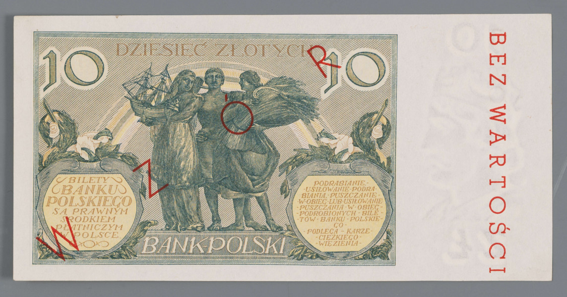 N/Bn/834/ML - Aw. W prostej ramce postacie kobiet symbolizujące Wiedzę i Sztukę, centralnie w owalu:
10 / DZIESIĘĆ ZŁOTYCH / BANK POLSKI / WARSZAWA - Dnia 20 lipca 1929 Roku / PREZES BANKU / NACZELNY DYREKTOR – SKARBNIK
Podpisy odpowiednio: Władysława Wróblewskiego, Władysława Mieczkowskiego i Stanisława Orczykowskiego. Niżej wstęga z motywami akantu, pod nią godło państwowe. W dolnej części ramki od lewej: SER.FX – 2484341. Skośnie do góry w prawo czerwony nadruk: WZÓR. Na marginesie z lewej znak wodny z popiersiem Bolesława Chrobrego, pionowo do góry nadruk w kolorze czerwonym: BEZ WARTOŚCI

Rw. W prostej ramce centralnie postacie symbolizujące handel, przemysł i rolnictwo. Niżej , po bokach kartusze zdobione motywem akantu z tekstami, z lewej: BILETY / BANKU / POLSKIEGO / SĄ PRAWNYM ŚRODKIEM / PŁATNICZYM / W POLSCE; z prawej: PODRABIANIE,- / USIŁOWANIE - ODRA - / BIANIA, - PUSZCZANIE - / -W - OBIEG - LUB - USIŁOWANIE -/ - PUSZCZENIA - W - OBIEG - / - PODROBIONYCH - BILE - / - TÓW - BANKU - POLSKIE - / GO - / - PODLEGA - KARZE - / - CIĘŻKIEGO - WIĘZIENIA -
Oznaczenie nominału cyframi arabskimi u góry w prawym i lewym rogu; na środku słownie: DZIESIĘĆ ZŁOTYCH
Od lewej skośnie do góry w prawo czerwony nadruk: WZÓR; na marginesie znak wodny z popiersiem Bolesława Chrobrego i czerwony nadruk, pionowo w dół: BEZ WARTOŚCI