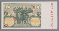 N/Bn/834/ML - Aw. W prostej ramce postacie kobiet symbolizujące Wiedzę i Sztukę, centralnie w owalu:
10 / DZIESIĘĆ ZŁOTYCH / BANK POLSKI / WARSZAWA - Dnia 20 lipca 1929 Roku / PREZES BANKU / NACZELNY DYREKTOR – SKARBNIK
Podpisy odpowiednio: Władysława Wróblewskiego, Władysława Mieczkowskiego i Stanisława Orczykowskiego. Niżej wstęga z motywami akantu, pod nią godło państwowe. W dolnej części ramki od lewej: SER.FX – 2484341. Skośnie do góry w prawo czerwony nadruk: WZÓR. Na marginesie z lewej znak wodny z popiersiem Bolesława Chrobrego, pionowo do góry nadruk w kolorze czerwonym: BEZ WARTOŚCI

Rw. W prostej ramce centralnie postacie symbolizujące handel, przemysł i rolnictwo. Niżej , po bokach kartusze zdobione motywem akantu z tekstami, z lewej: BILETY / BANKU / POLSKIEGO / SĄ PRAWNYM ŚRODKIEM / PŁATNICZYM / W POLSCE; z prawej: PODRABIANIE,- / USIŁOWANIE - ODRA - / BIANIA, - PUSZCZANIE - / -W - OBIEG - LUB - USIŁOWANIE -/ - PUSZCZENIA - W - OBIEG - / - PODROBIONYCH - BILE - / - TÓW - BANKU - POLSKIE - / GO - / - PODLEGA - KARZE - / - CIĘŻKIEGO - WIĘZIENIA -
Oznaczenie nominału cyframi arabskimi u góry w prawym i lewym rogu; na środku słownie: DZIESIĘĆ ZŁOTYCH
Od lewej skośnie do góry w prawo czerwony nadruk: WZÓR; na marginesie znak wodny z popiersiem Bolesława Chrobrego i czerwony nadruk, pionowo w dół: BEZ WARTOŚCI