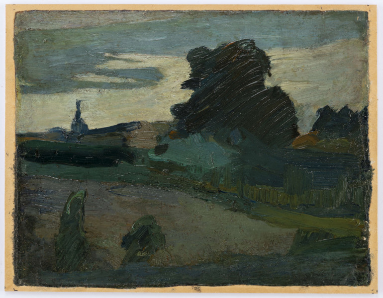 Na pierwszym planie łąka z krzewami. W centralnej części pas zieleni z dominującym, rozłożystym drzewem. W tle niebo pokryte chmurami. Obraz potraktowany szkicowo, utrzymany w chłodnej tonacji z bogatą gamą zieleni i błękitów. 