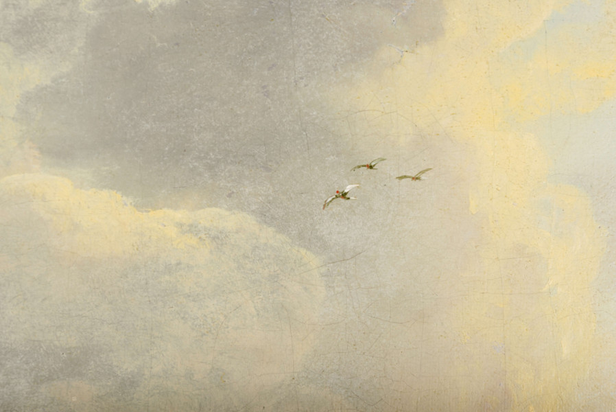 Kompozycja podzielona horyzontalnie na dwie części: na dole pasma gór o łagodnych zboczach porośniętych lasem, u góry niebo z obłokami. Na pierwszym planie jezioro, wokół niego postacie ludzi, po prawej przy krawędzi wysokie drzewo z koroną na tle nieba; barwy ciemne, odcienie zieleni i brązu. Na dalszym planie pasma gór oddalające się do linii dalekiego horyzontu, w odcieniach błękitu z zastosowaniem perspektywy powietrznej. Niebo błękitne rozświetlone od prawej złotym światłem słońca padającym spoza obrazu, w centrum rozwiane podświetlone obłoki; drobne sylwetki lecących ptaków. 