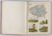 ML/H/650 - Okładka twarda, obklejona czerwonym płótnem, z wytłoczonym na złoto tytułem i ozdobami. Po lewej stronie popiersie kobiety bokiem, z wyciągniętą ręką trzymającą pędzel, poniżej kwiaty. W lewej części autor i tytuł, poniżej ozdobnik roślinny. Strona tytułowa przedstawia dwóch mężczyzn pochylonych nad mapą, w tle pejzaż wiejski z zamkiem na wzgórzu. Tytuł atlasu w wydzielonym, prostokątnym polu. Następna strona zawiera skorowidz i obiaśnienie znaków. Pierwsza z map to Mapa Ogólna Królestwa Polskiego z podziałem na gubernie i powiaty, następne to mapy powiatów. Na każdej stronie z mapą znajduja sie barwne grafiki z przedstawieniem zabytkowych budowli, typów ludowych, ruin, pejzaży. Do Atlasu dołączona luzem Mapa Guberni Lubelskiej, granice powiatu i wypełnienie błekitne.