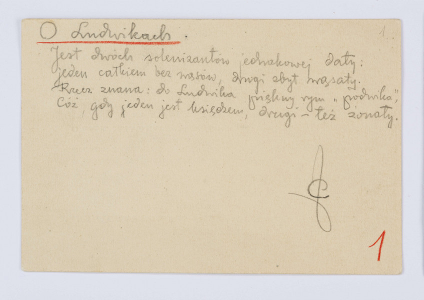 Rękopis Józefa Czechowicza, tekst zapisany czarnym ołówkiem na odwrocie kartonika (wym. 10 x 15 cm), na którym po stronie recto znajduje się drukowany formularz zaproszenia na 