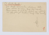 Rękopis Józefa Czechowicza, tekst zapisany czarnym ołówkiem na odwrocie kartonika (wym. 10 x 15 cm), na którym po stronie recto znajduje się drukowany formularz zaproszenia na 