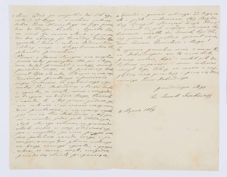 List ks. Issaka Isakowicza do Wincentego Pola z 11.01.1867 r. sporządzony na trzech stronach. Pisany czarnym atramentem, pismo czytelne, pochylone na prawo. List kończy się w połowie trzeciej strony.