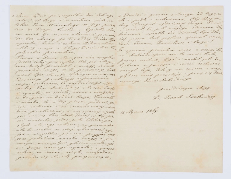 List ks. Issaka Isakowicza do Wincentego Pola z 11.01.1867 r. sporządzony na trzech stronach. Pisany czarnym atramentem, pismo czytelne, pochylone na prawo. List kończy się w połowie trzeciej strony.