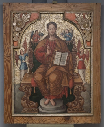 S/Mal/543/ML - Chrystus Pantokrator tronujący: prawą dłoń ma uniesioną w geście błogosławieństwa (ze skrzyżowanymi palcami wskazującym i środkowym), lewą podtrzymuje otwartą księgę z pisanym cyrylicą fragmentem z Ewangelii Mateusza (Mt 11, 28-29a): 